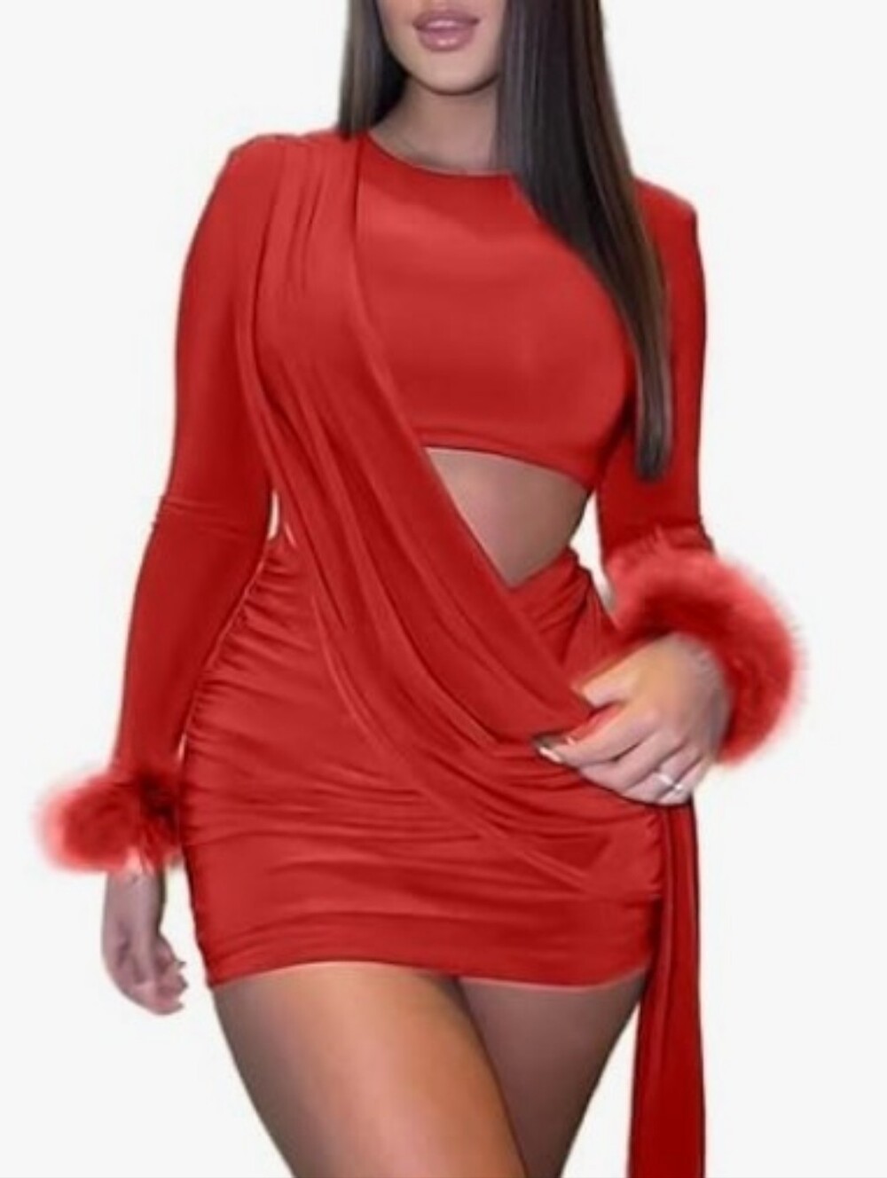 Red Faux-Fur Cuff Draped Cutout Mini Dress